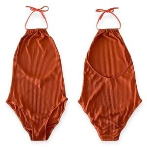 FARM Rio Halter Neck Ribbed Bodysuit Burnt Orange XS - Small